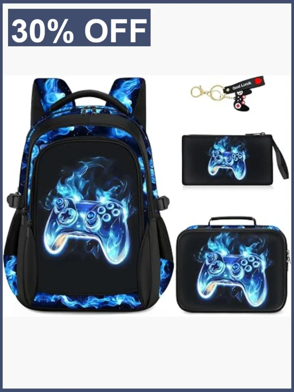 Boys School Backpack Set 4-Piece 17 Inch Gamer Bookbag with Lunch Box Pencil